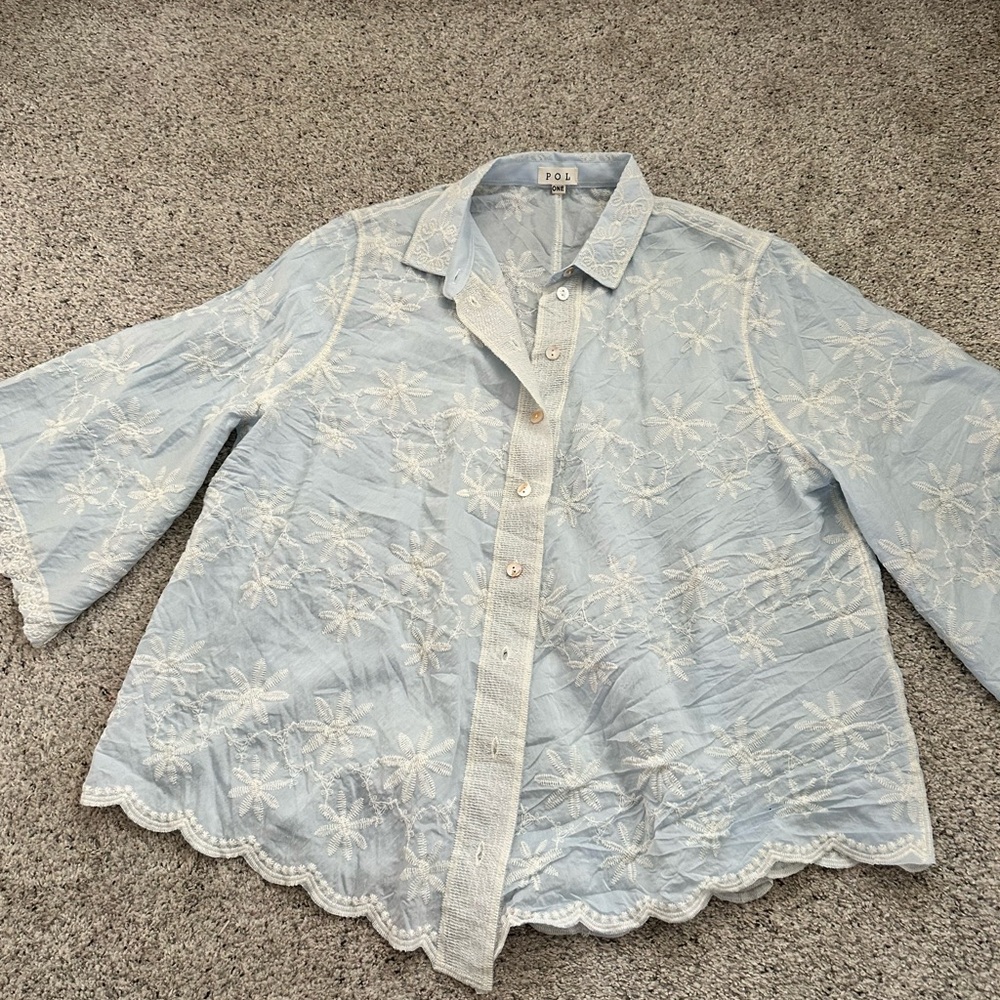 POL Sky Blue Embroidered Button Up 3/4 Sleeve Top - Picture 6 of 11